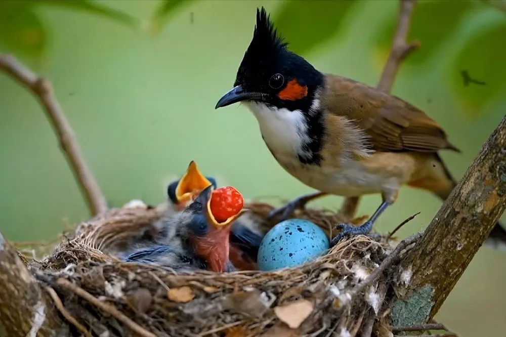 Red-whiskered Bulbuls feeding baby birds